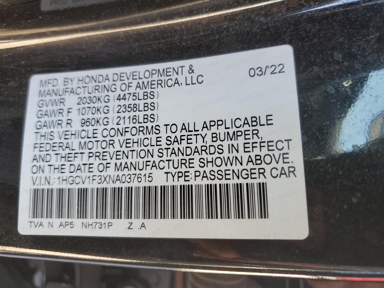 2022 HONDA ACCORD SPORT VIN:1HGCV1F3XNA037615