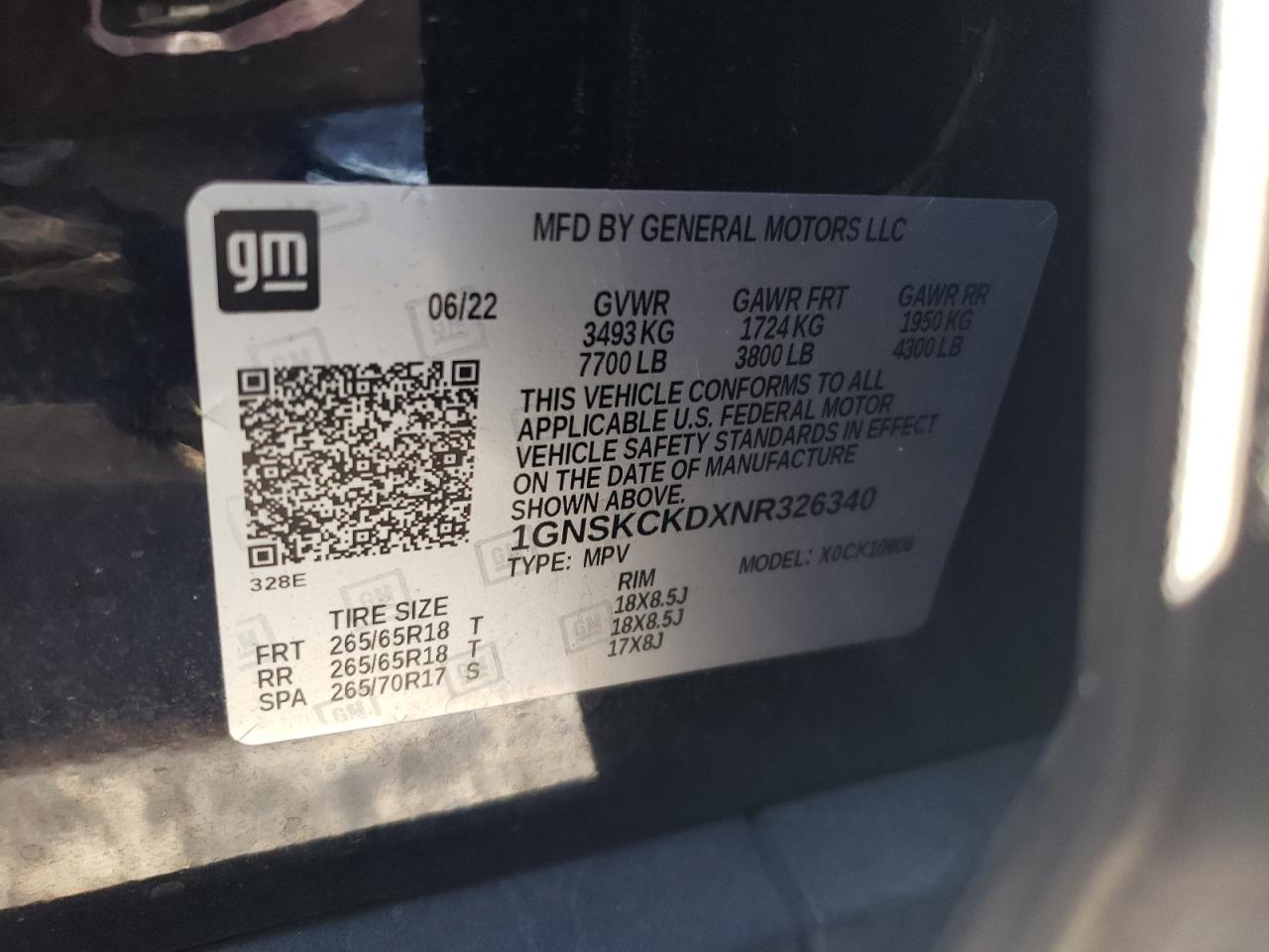 2022 CHEVROLET SUBURBAN K1500 LT VIN:1GNSKCKDXNR326340