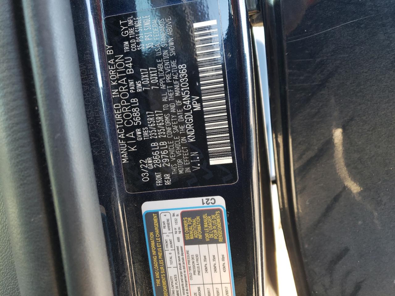 2022 KIA SORENTO S VIN:KNDRGDLG4N5103368