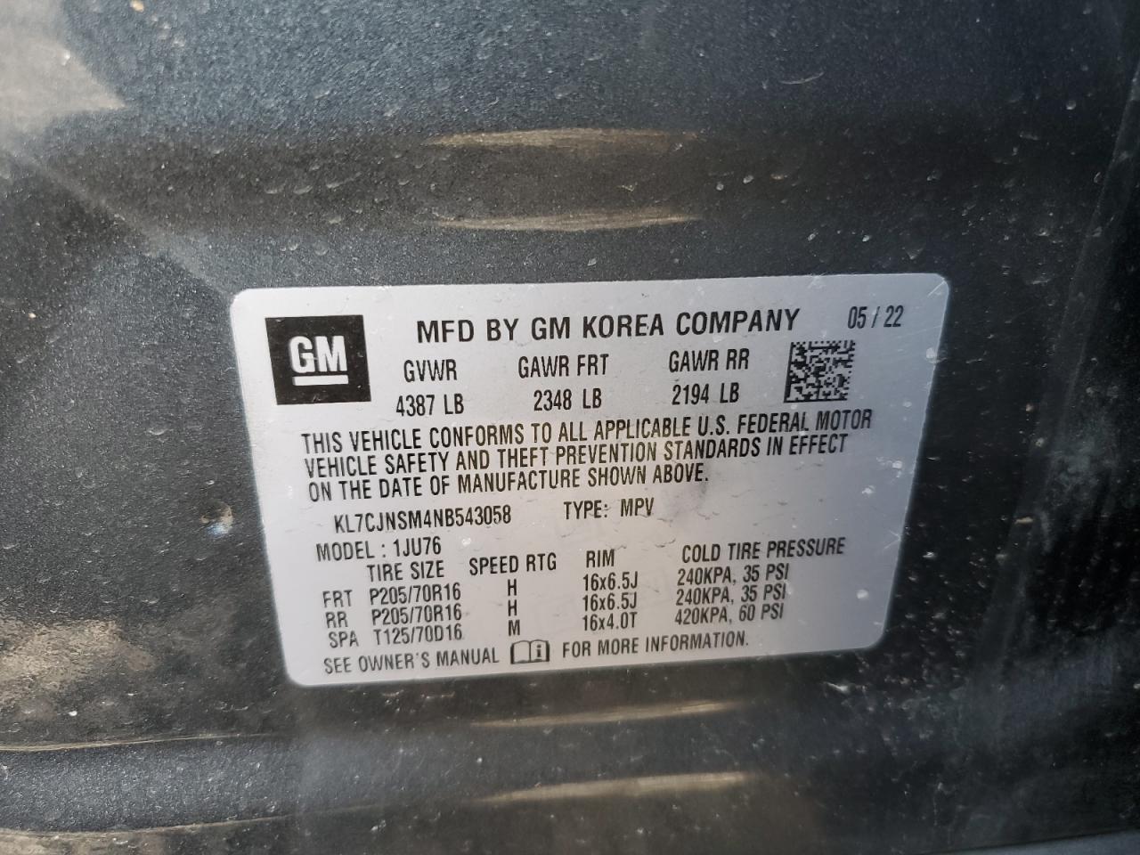 2022 CHEVROLET TRAX LS VIN:KL7CJNSM4NB543058