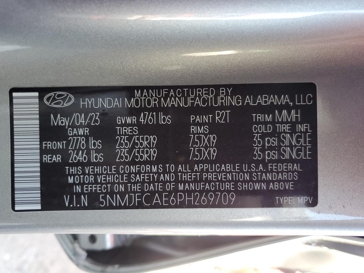 2023 HYUNDAI TUCSON SEL VIN:5NMJFCAE6PH269709