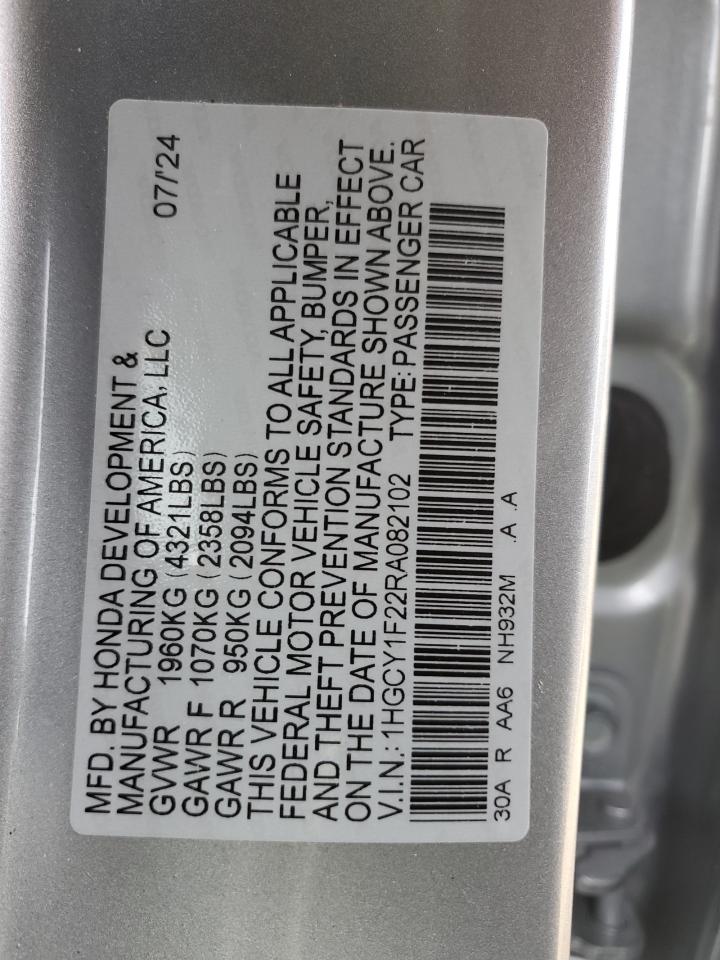 2024 HONDA ACCORD LX VIN:1HGCY1F22RA082102