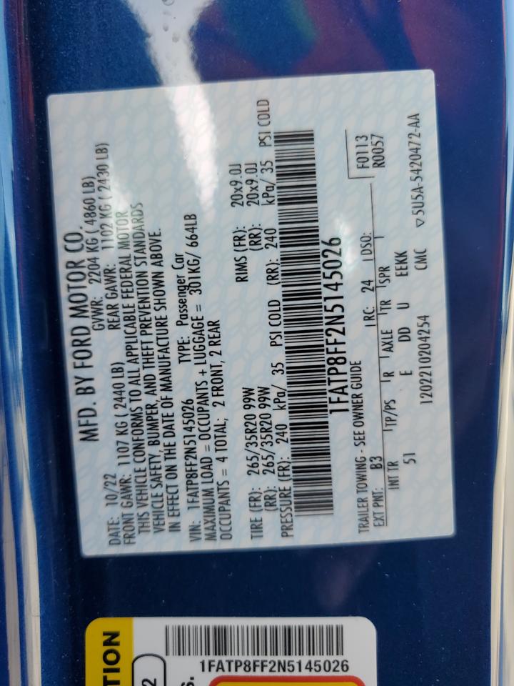 2022 FORD MUSTANG GT VIN:1FATP8FF2N5145026