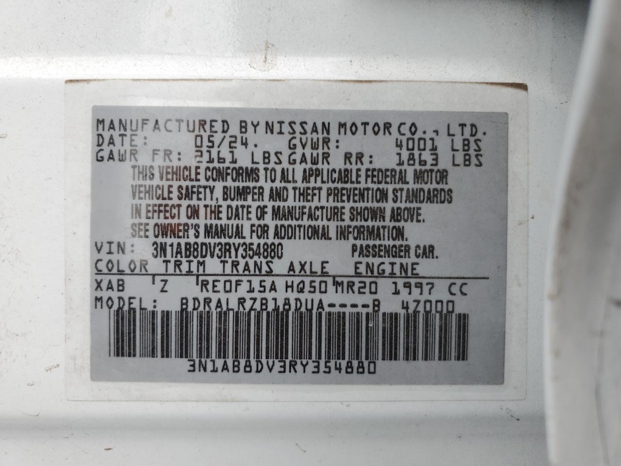 2024 NISSAN SENTRA SR VIN:3N1AB8DV3RY354880