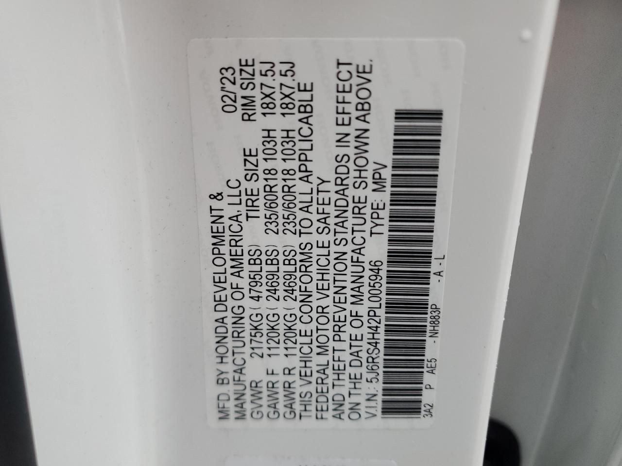 2023 HONDA CR-V EX VIN:5J6RS4H42PL005946