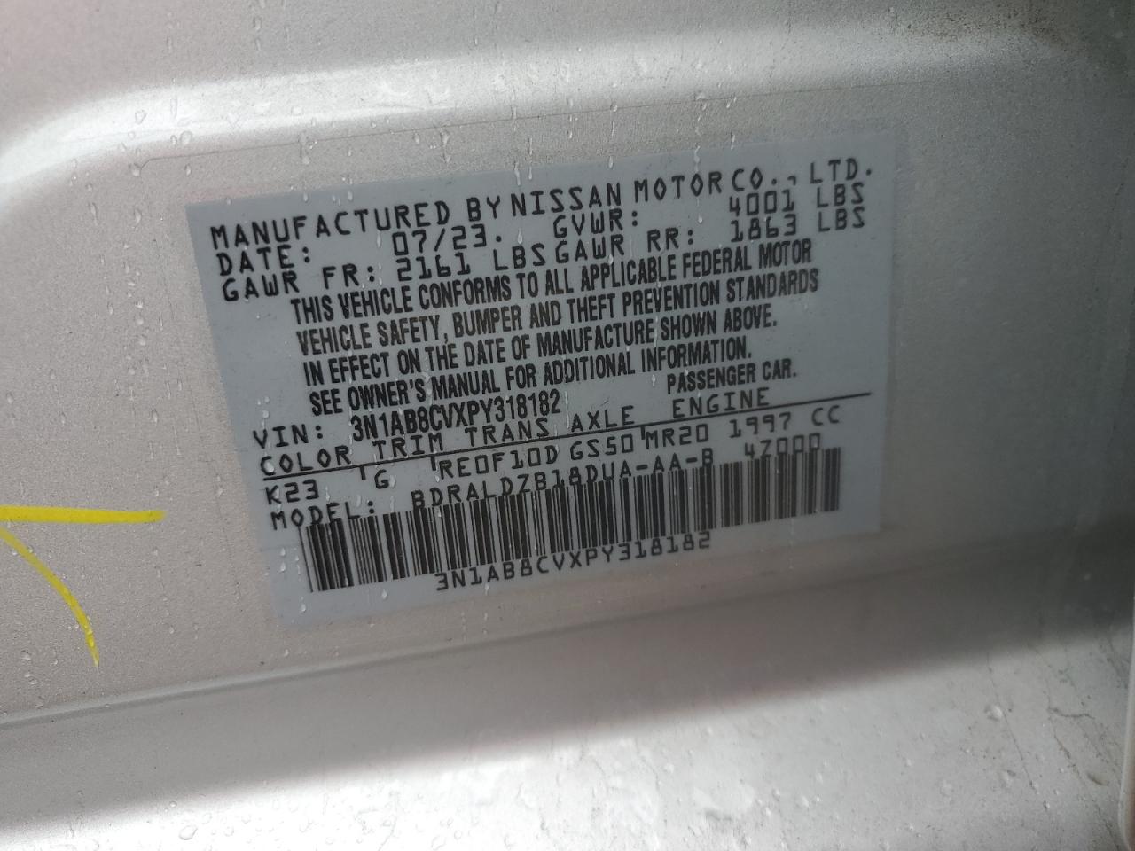 2023 NISSAN SENTRA SV VIN:3N1AB8CVXPY318182