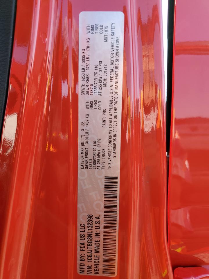 2022 JEEP GLADIATOR RUBICON VIN:1C6JJTBG8NL132398