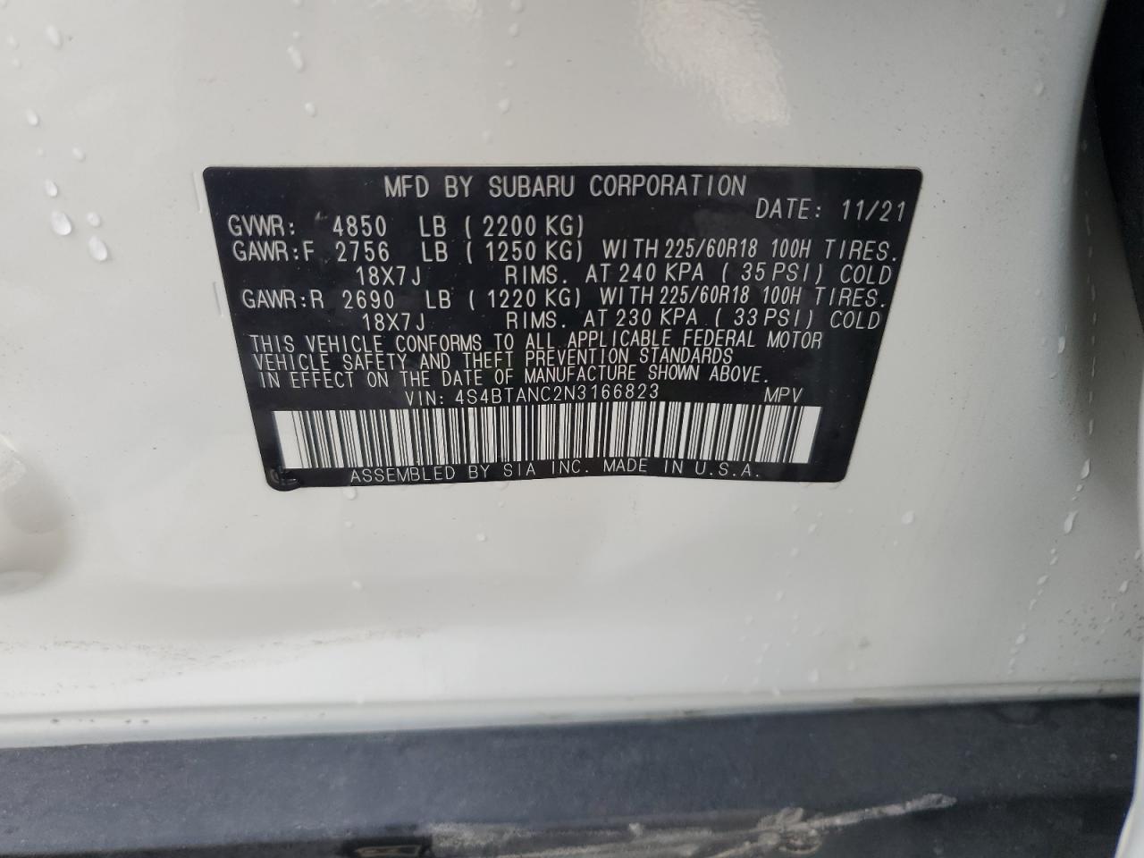 2022 SUBARU OUTBACK LIMITED VIN:4S4BTANC2N3166823