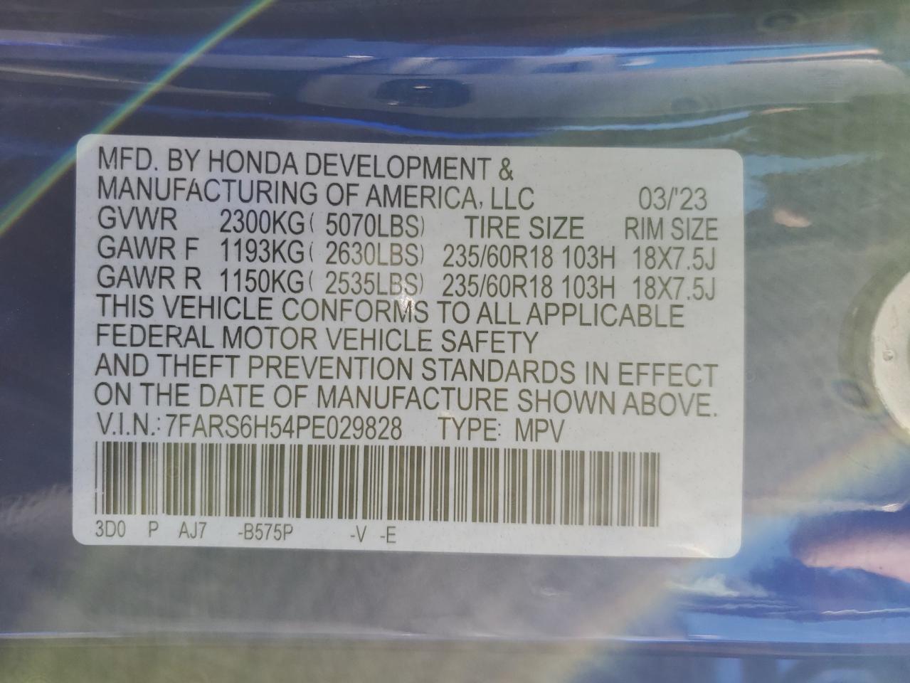2023 HONDA CR-V SPORT VIN:7FARS6H54PE029828