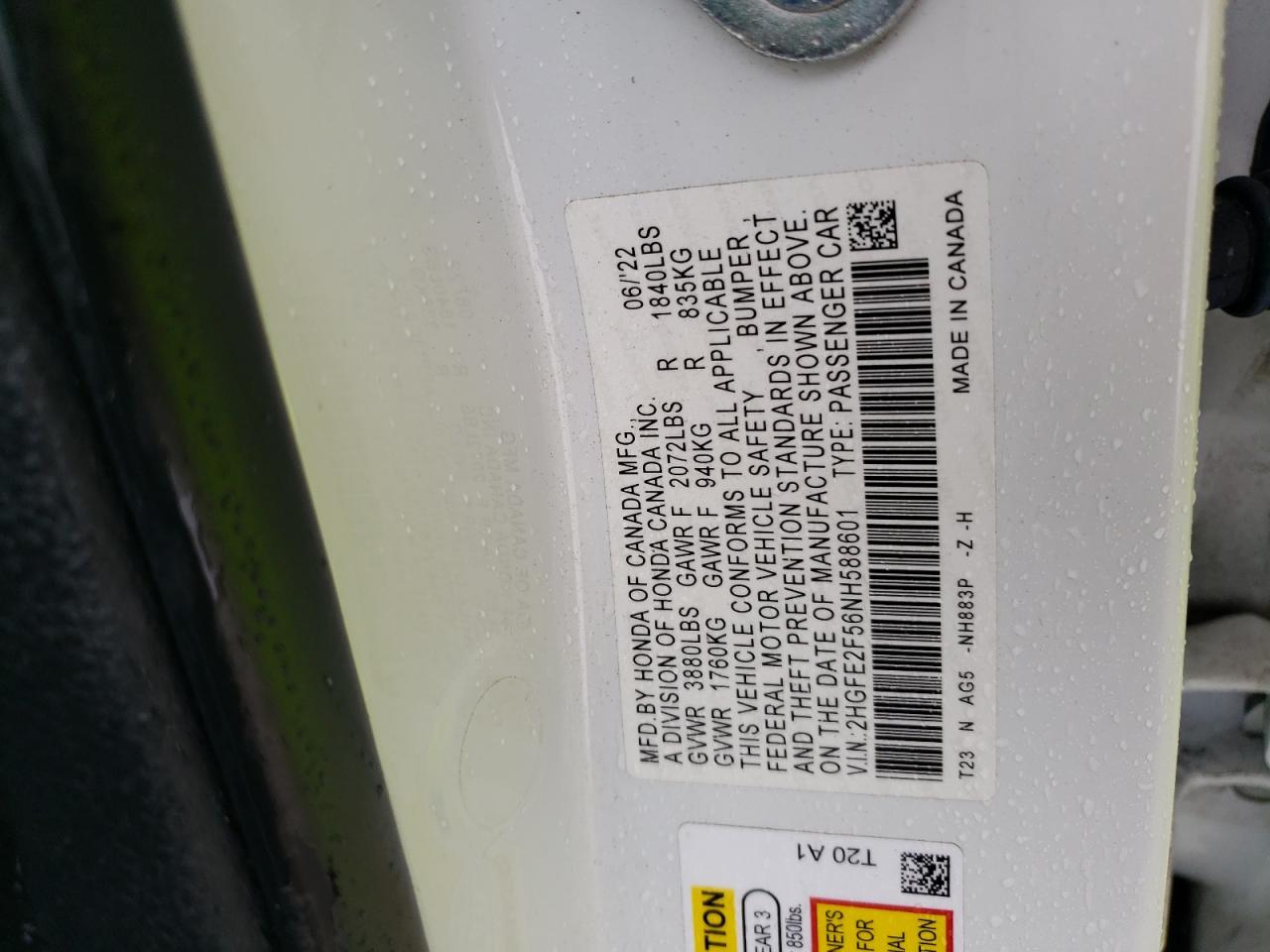 2022 HONDA CIVIC SPORT VIN:2HGFE2F56NH588601