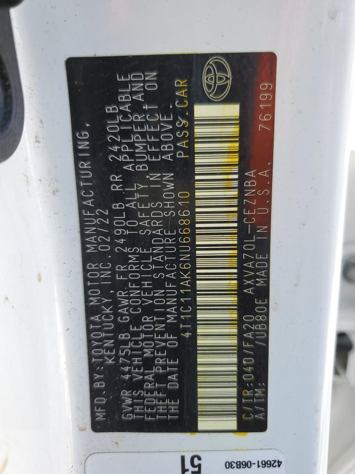 2022 TOYOTA CAMRY LE VIN:4T1C11AK6NU668610