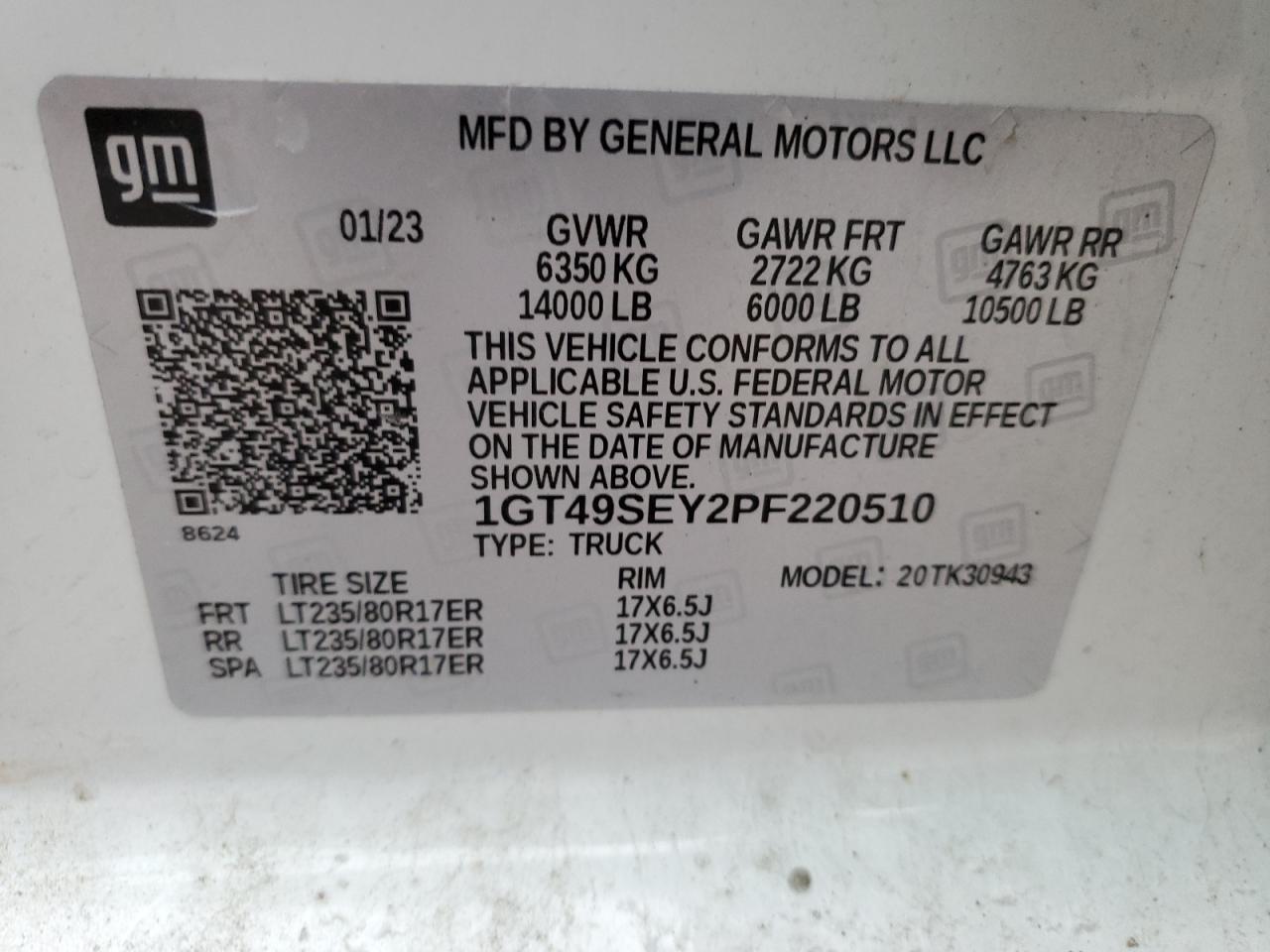 2023 GMC SIERRA K3500 VIN:1GT49SEY2PF220510