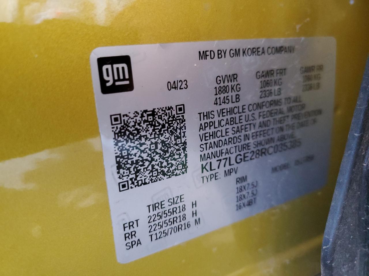 2024 CHEVROLET TRAX 1RS VIN:KL77LGE28RC035385