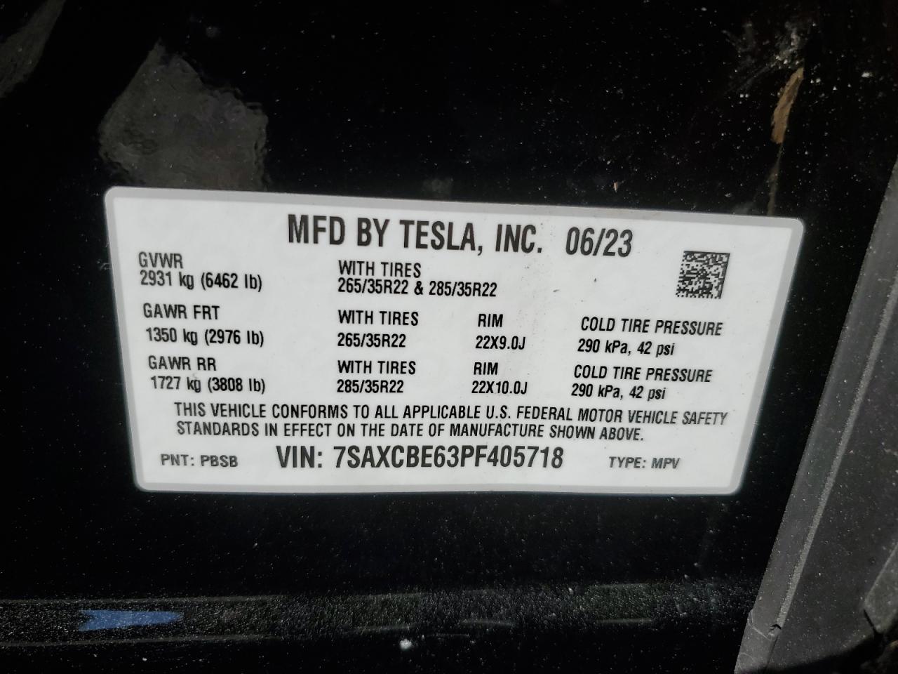 2023 TESLA MODEL X  VIN:7SAXCBE63PF405718