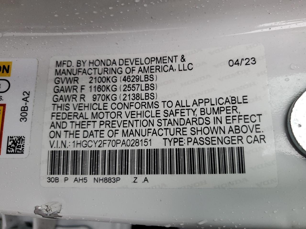 2023 HONDA ACCORD HYBRID SPORT-L VIN:1HGCY2F70PA028151