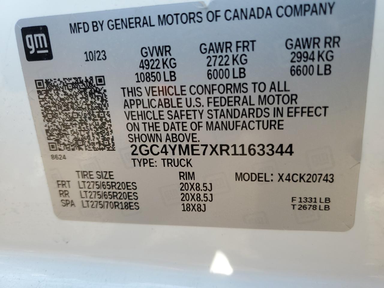 2024 CHEVROLET SILVERADO K2500 CUSTOM VIN:2GC4YME7XR1163344