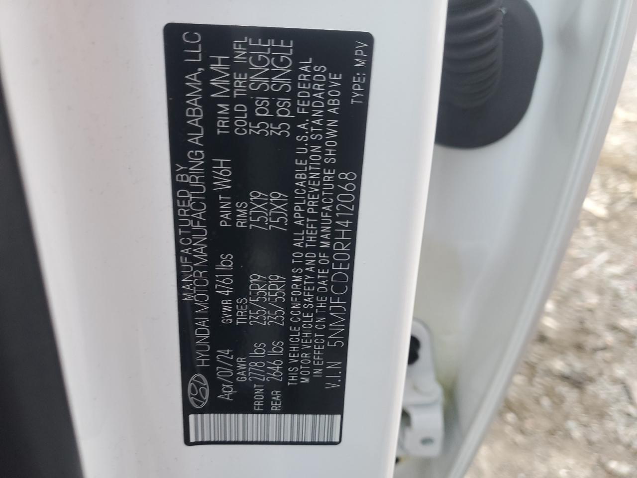 2024 HYUNDAI TUCSON SEL VIN:5NMJFCDE0RH412068