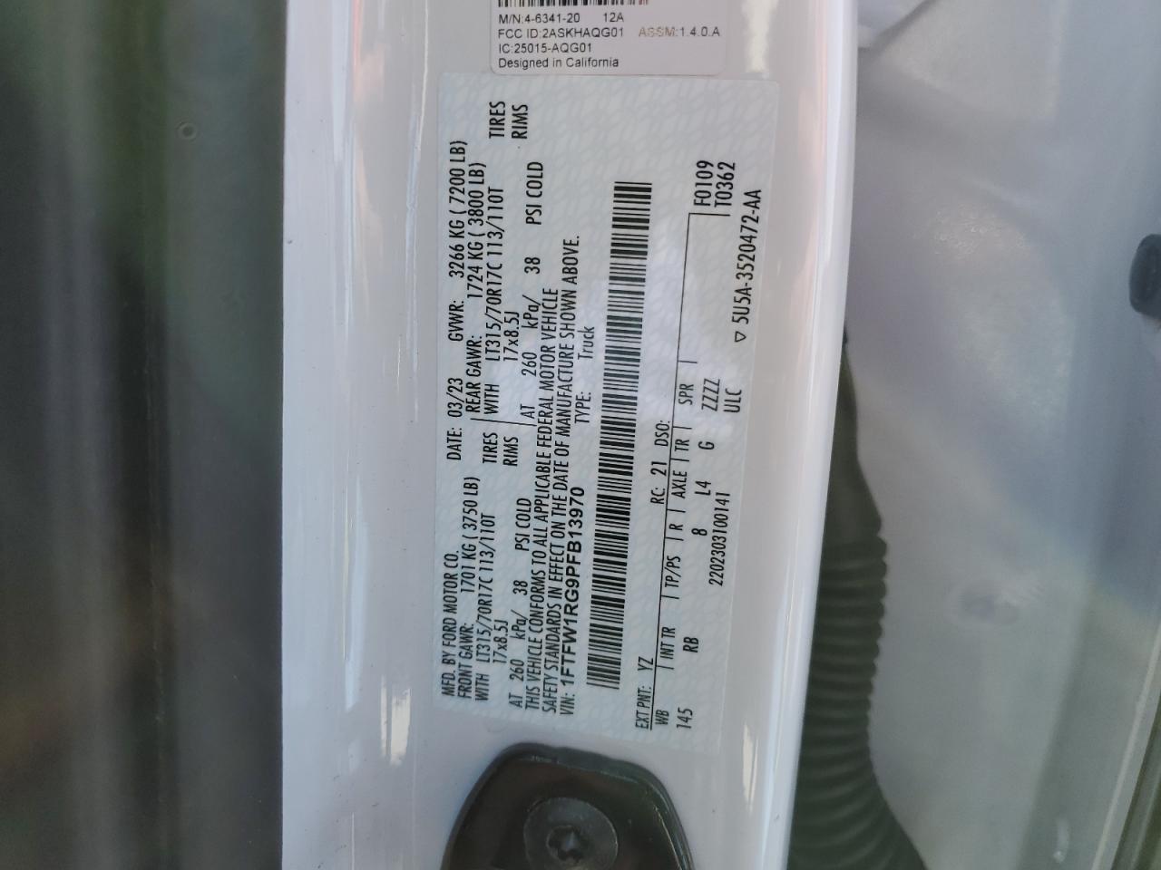 2023 FORD F150 RAPTOR VIN:1FTFW1RG9PFB13970