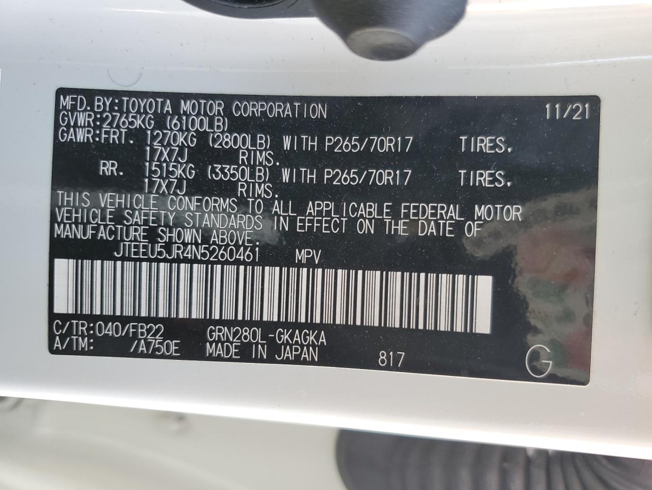 2022 TOYOTA 4RUNNER SR5 VIN:JTEEU5JR4N5260461