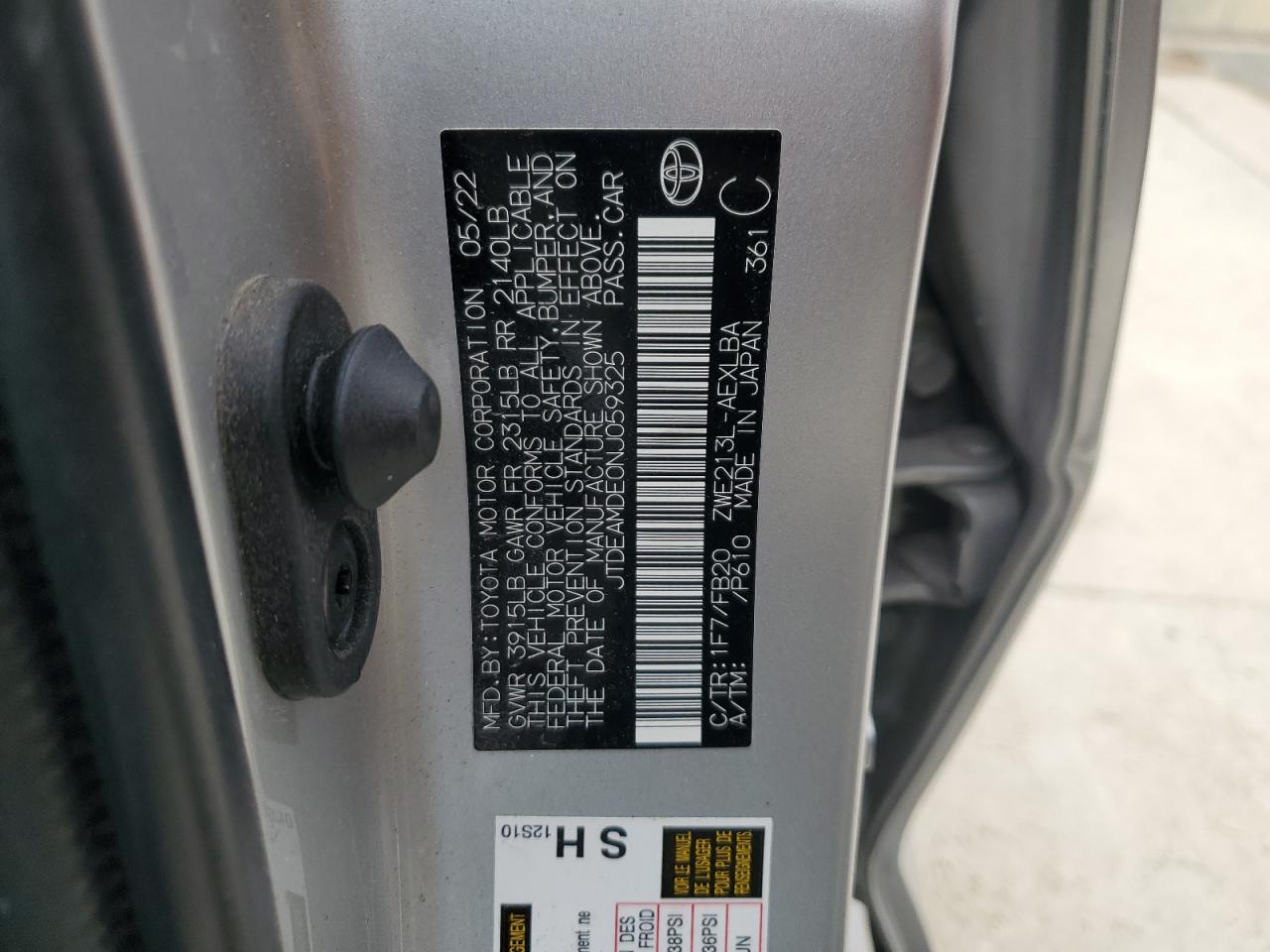 2022 TOYOTA COROLLA LE VIN:JTDEAMDE0NJ059325