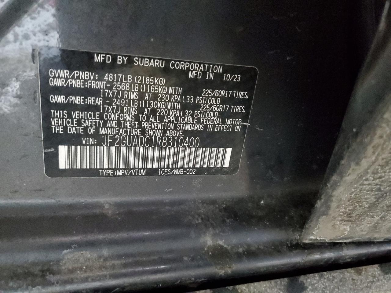 2024 SUBARU CROSSTREK PREMIUM VIN:JF2GUADC1R8310400