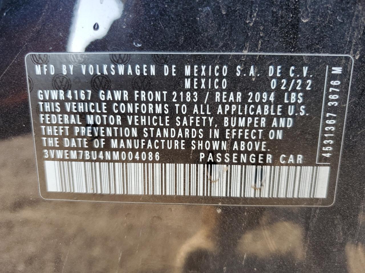 2022 VOLKSWAGEN JETTA SE VIN:3VWEM7BU4NM004086