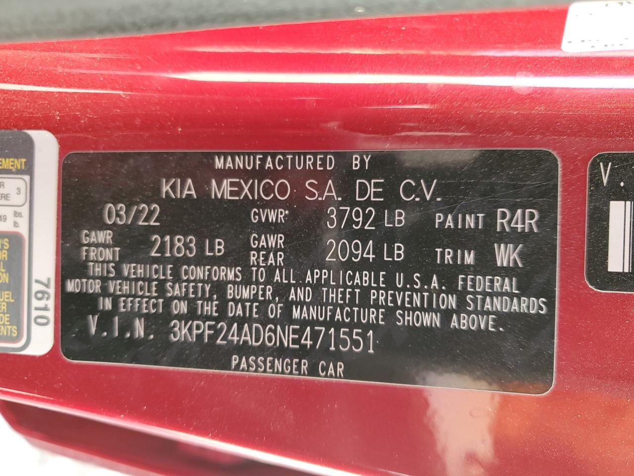 2022 KIA FORTE FE VIN:3KPF24AD6NE471551