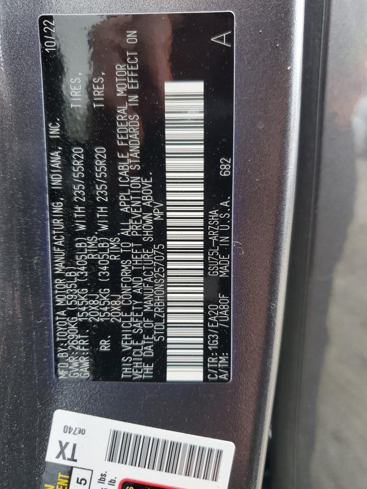 2022 TOYOTA HIGHLANDER XSE VIN:5TDLZRBH0NS257075