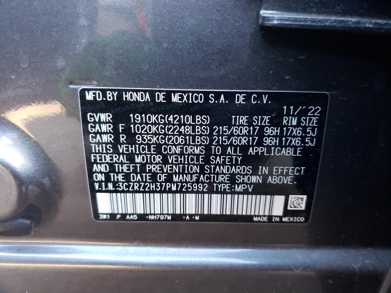 2023 HONDA HR-V LX VIN:3CZRZ2H37PM725992