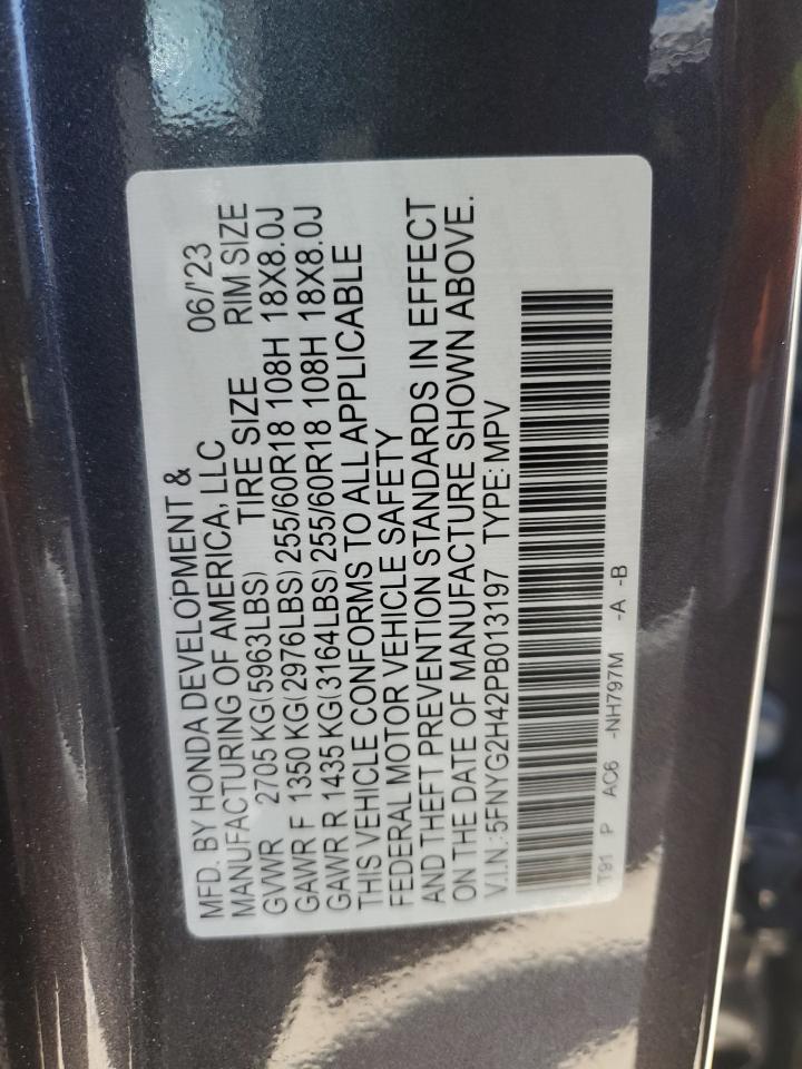 2023 HONDA PILOT EXL VIN:5FNYG2H42PB013197