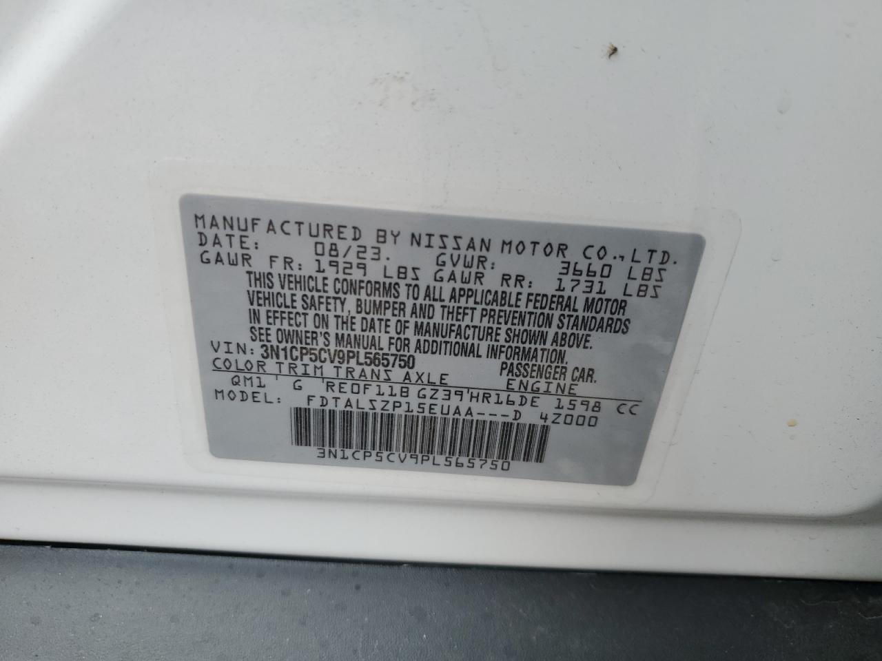 2023 NISSAN KICKS SV VIN:3N1CP5CV9PL565750