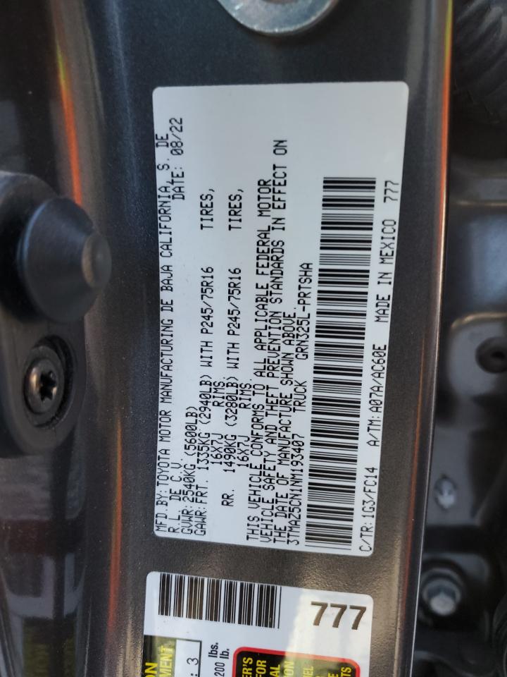 2022 TOYOTA TACOMA DOUBLE CAB VIN:3TMAZ5CN1NM193407