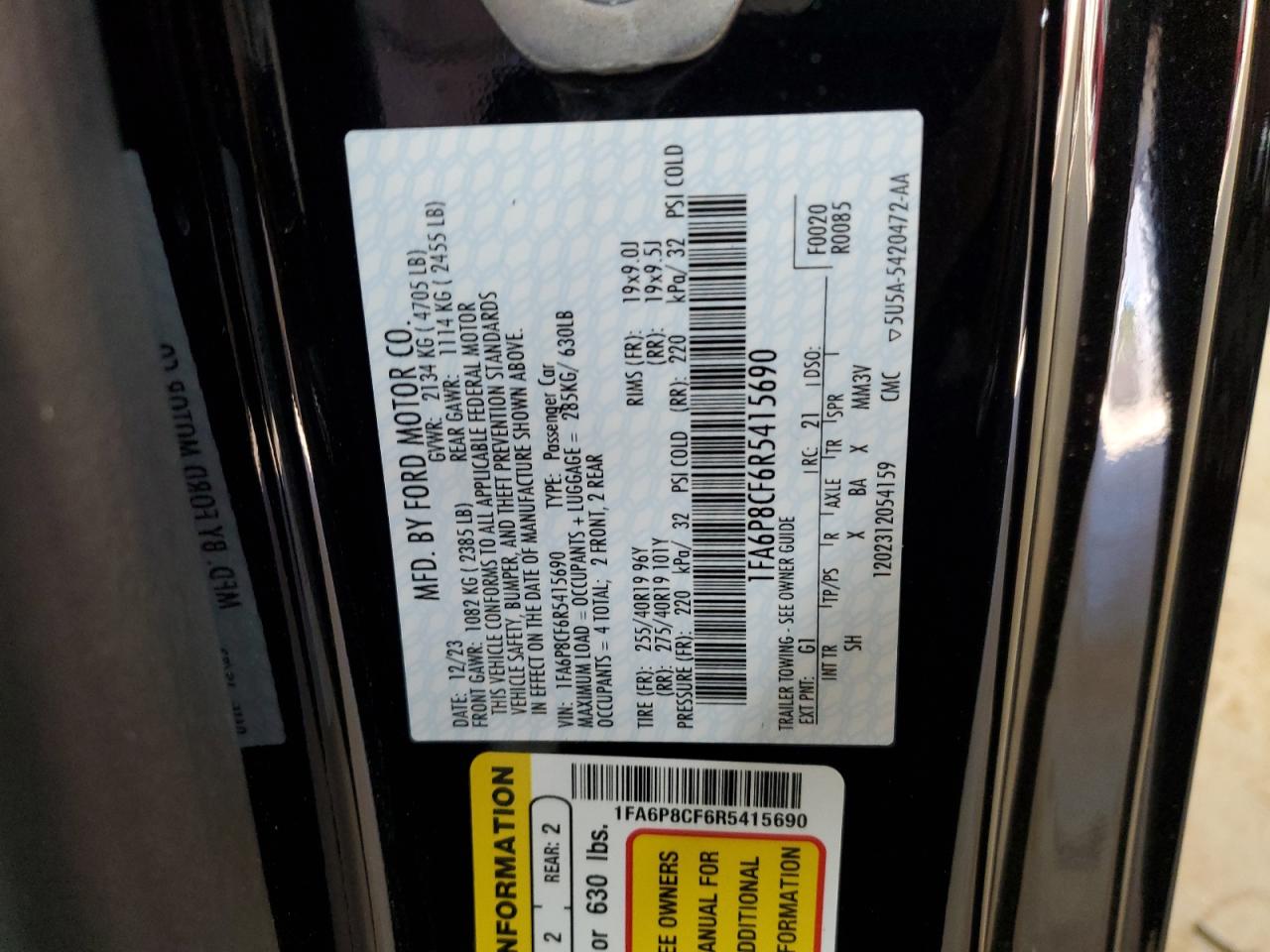 2024 FORD MUSTANG GT VIN:1FA6P8CF6R5415690
