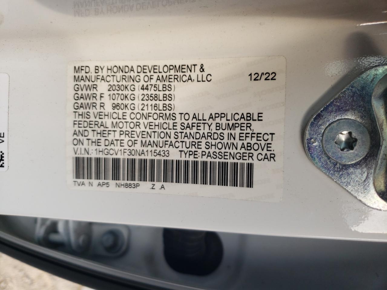 2022 HONDA ACCORD SPORT VIN:1HGCV1F30NA115433