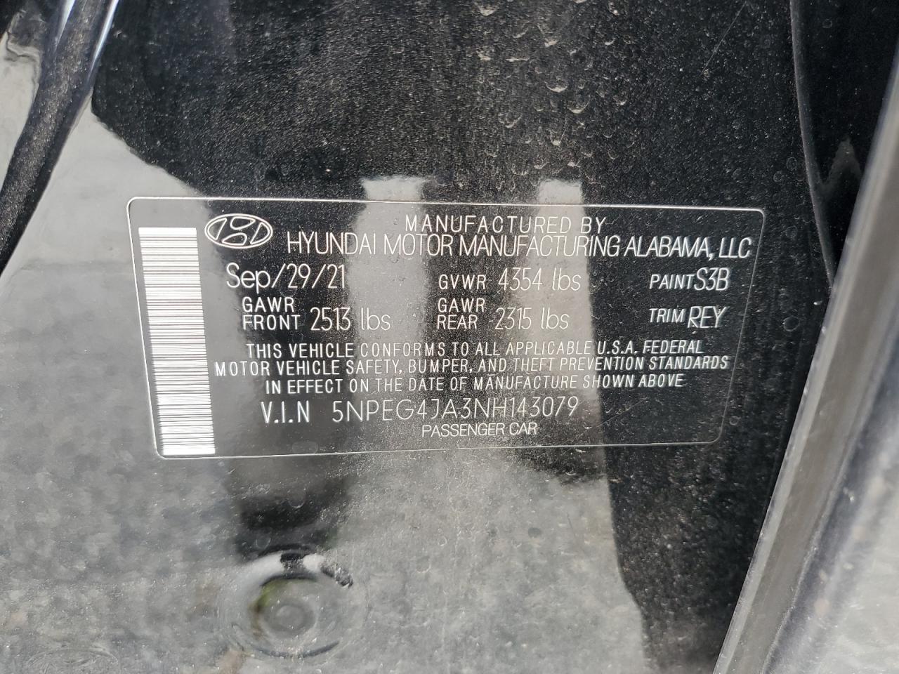 2022 HYUNDAI SONATA SE VIN:5NPEG4JA3NH143079