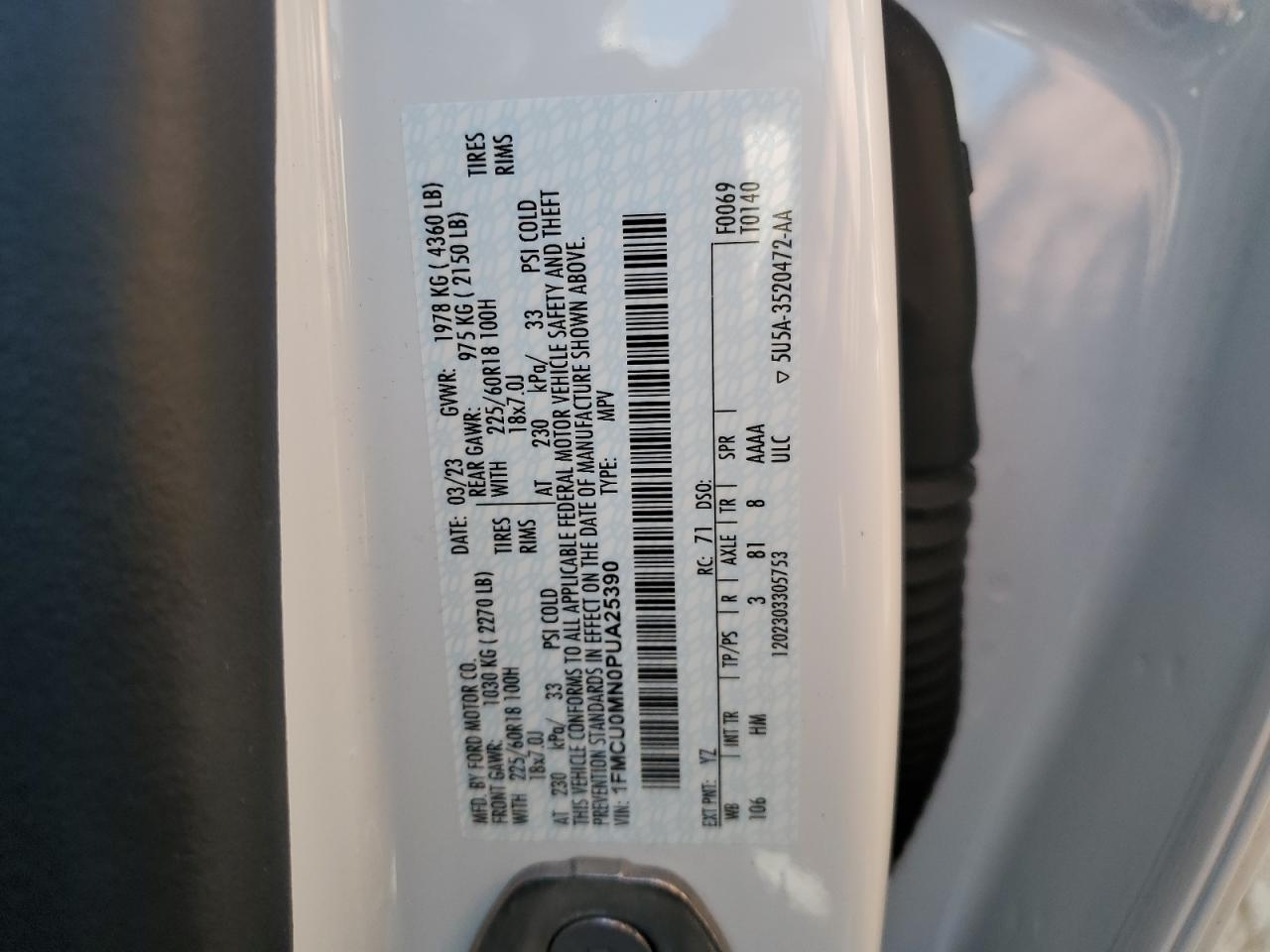2023 FORD ESCAPE ST LINE VIN:1FMCU0MN0PUA25390