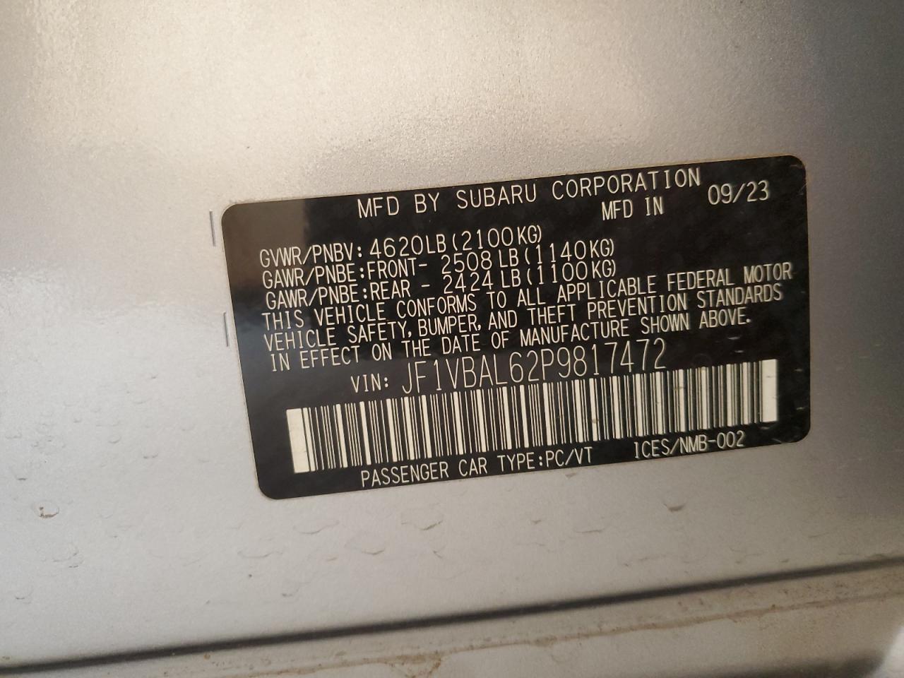 2023 SUBARU WRX LIMITED VIN:JF1VBAL62P9817472