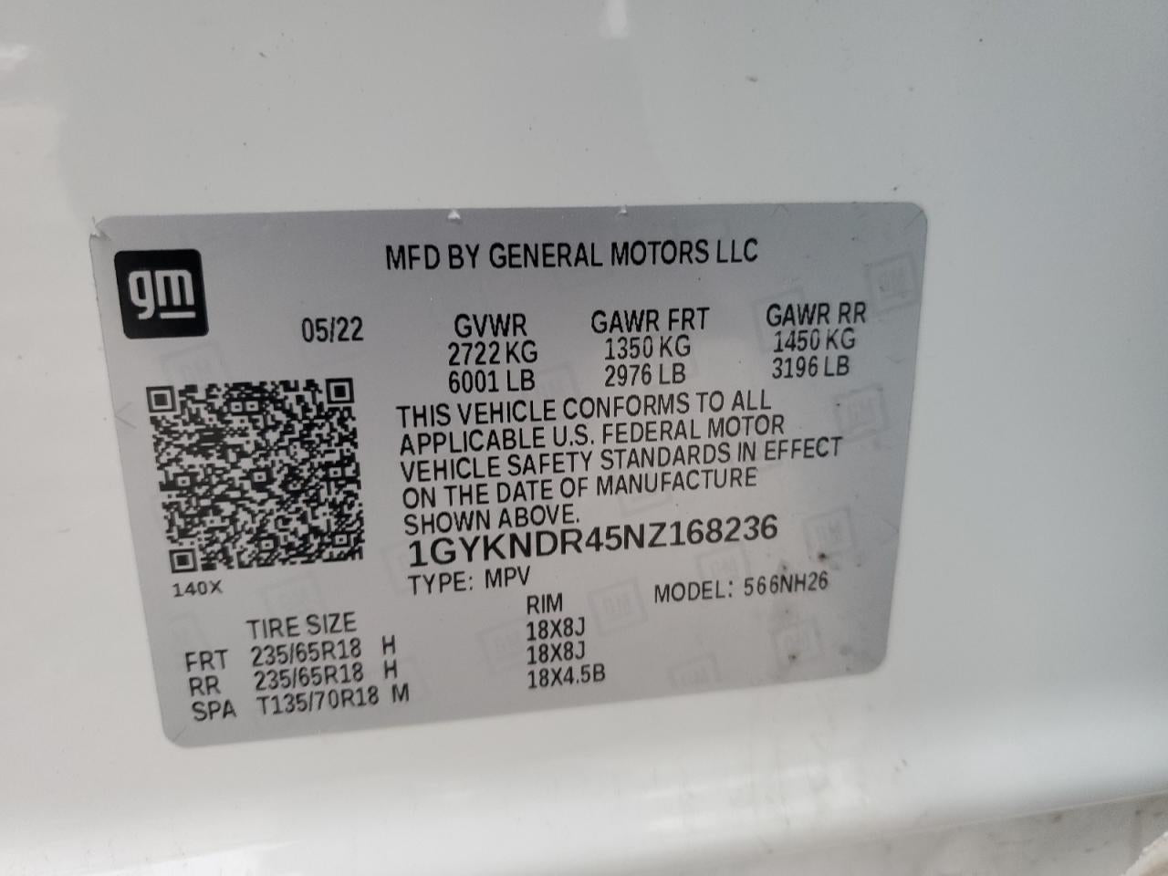 2022 CADILLAC XT5 PREMIUM LUXURY VIN:1GYKNDR45NZ168236