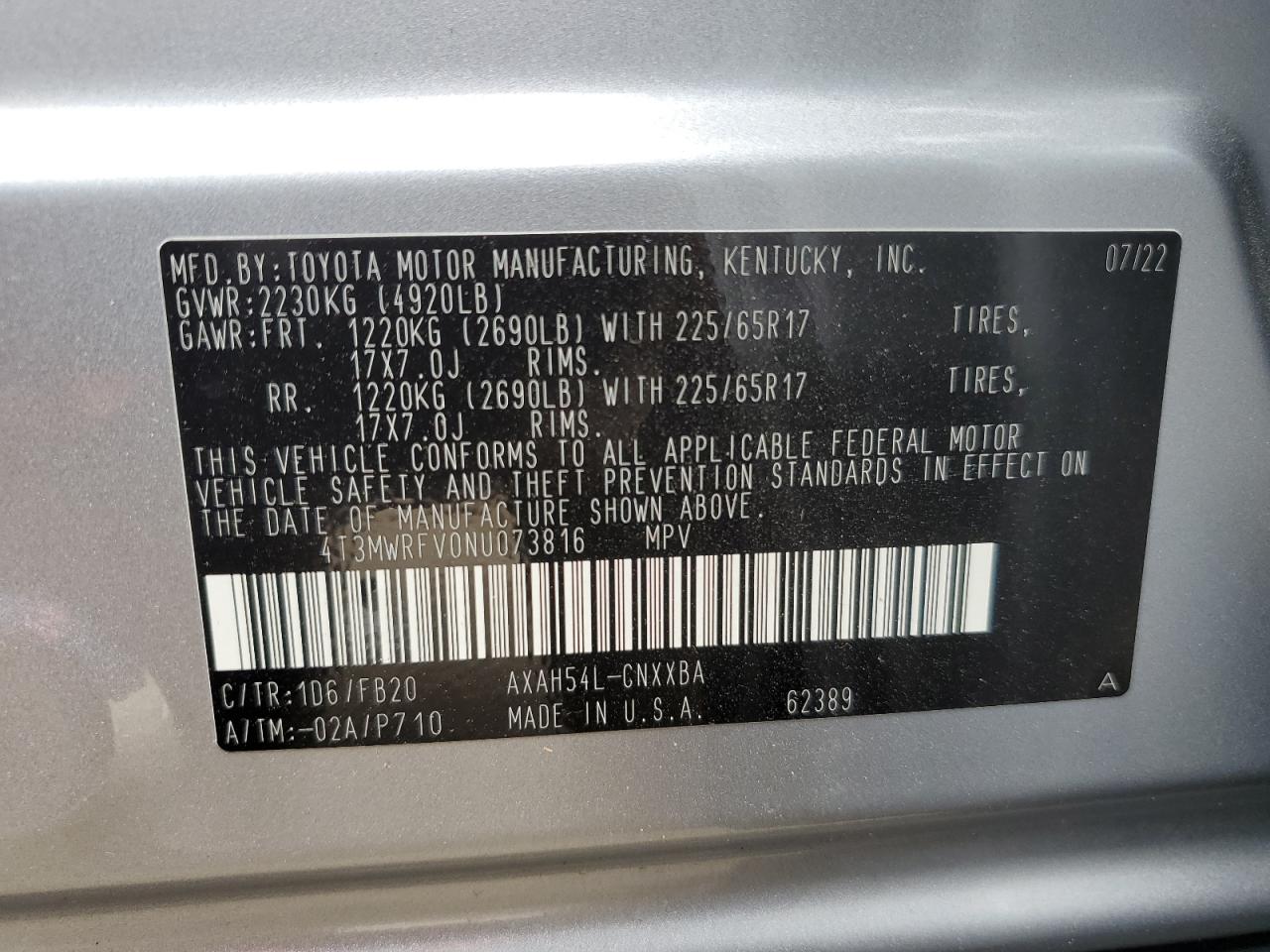 2022 TOYOTA RAV4 LE VIN:4T3MWRFV0NU073816