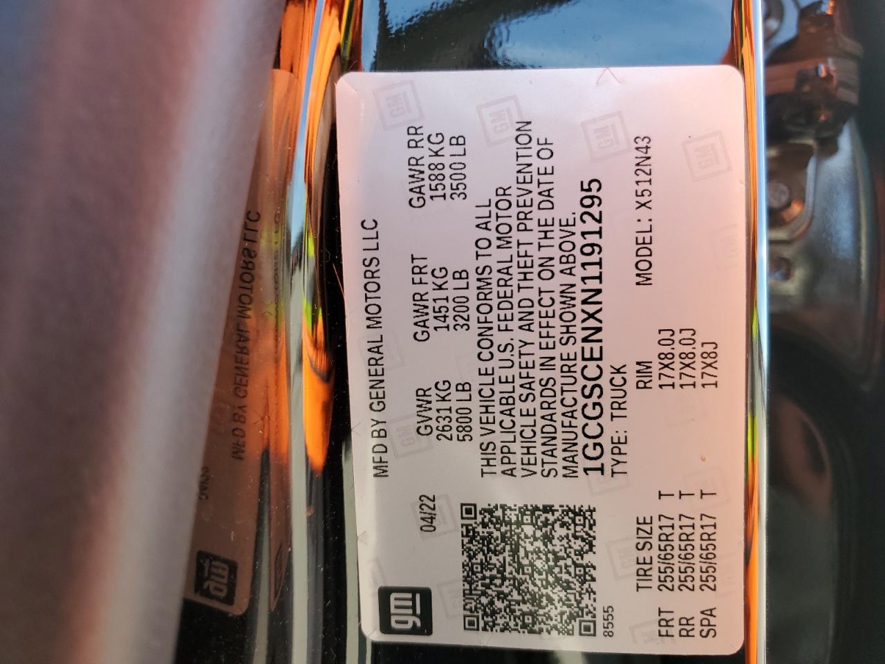 2022 CHEVROLET COLORADO LT VIN:1GCGSCENXN1191295