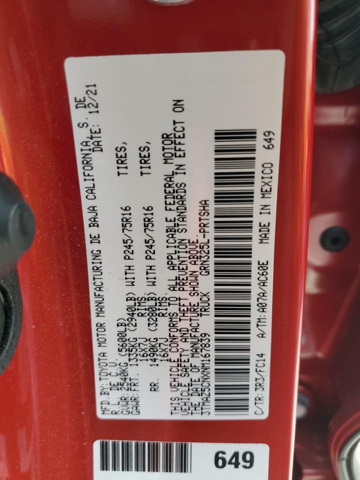 2022 TOYOTA TACOMA DOUBLE CAB VIN:3TMAZ5CNXNM167839