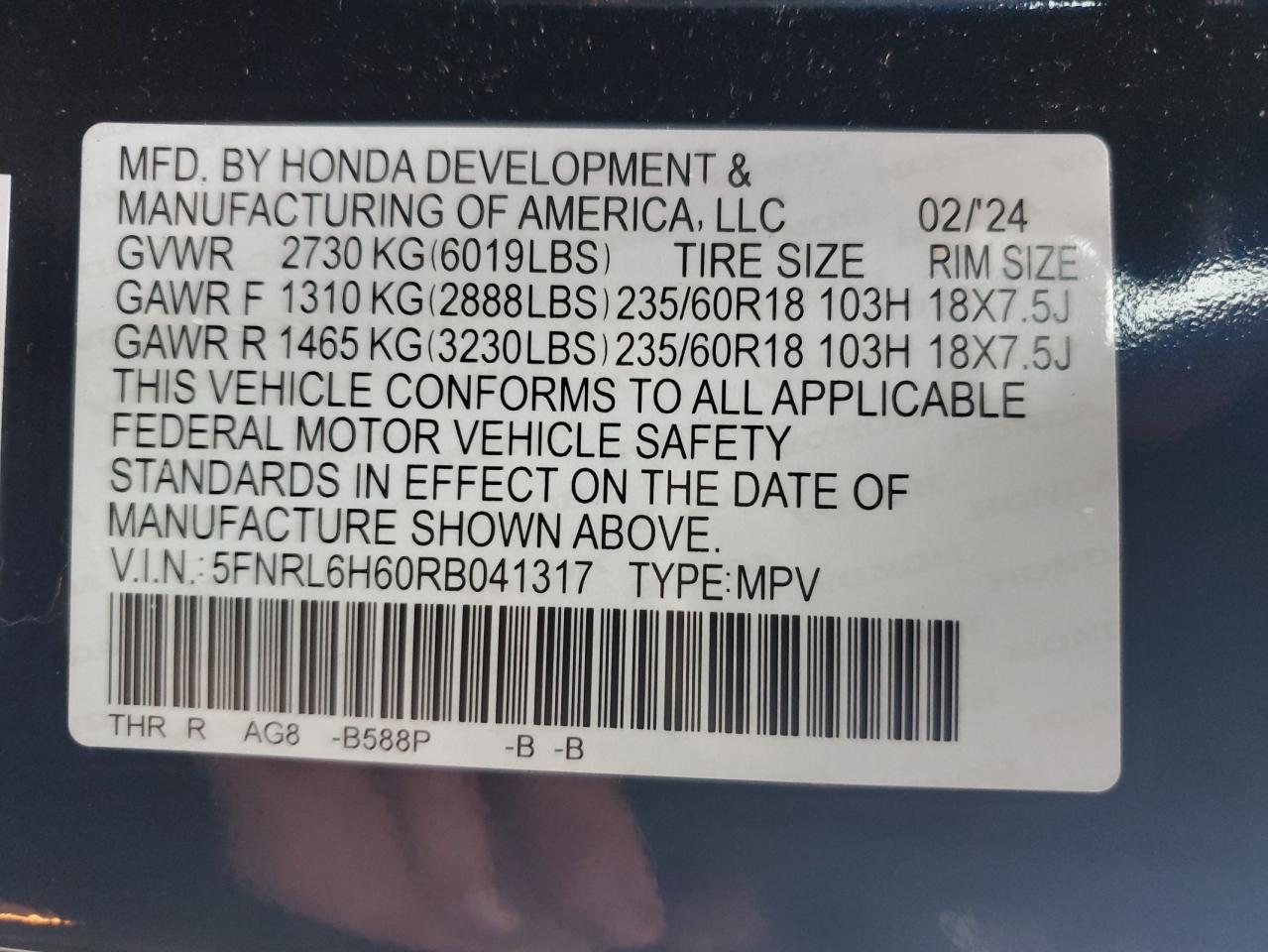 2024 HONDA ODYSSEY EXL VIN:5FNRL6H60RB041317