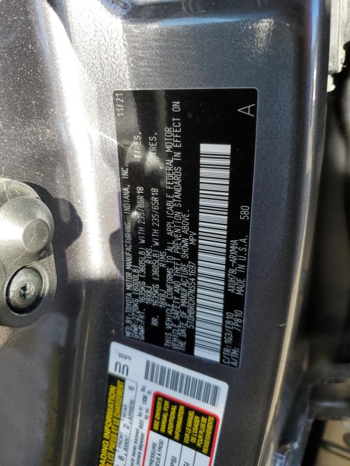 2022 TOYOTA HIGHLANDER HYBRID XLE VIN:5TDHBRCH7NS541697