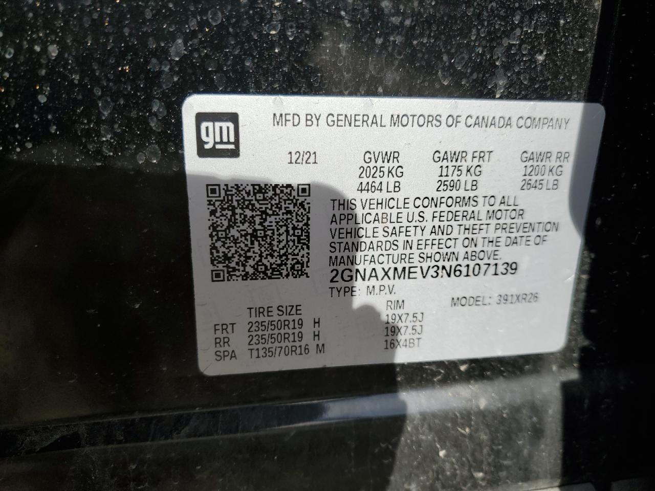 2022 CHEVROLET EQUINOX RS VIN:2GNAXMEV3N6107139