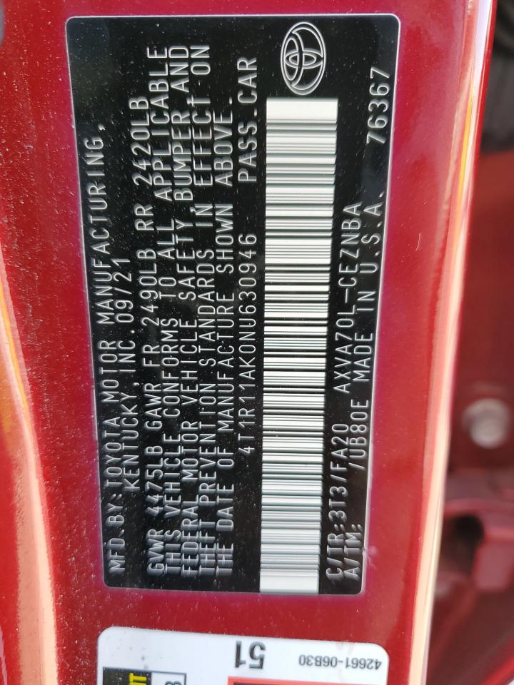 2022 TOYOTA CAMRY LE VIN:4T1R11AK0NU630946