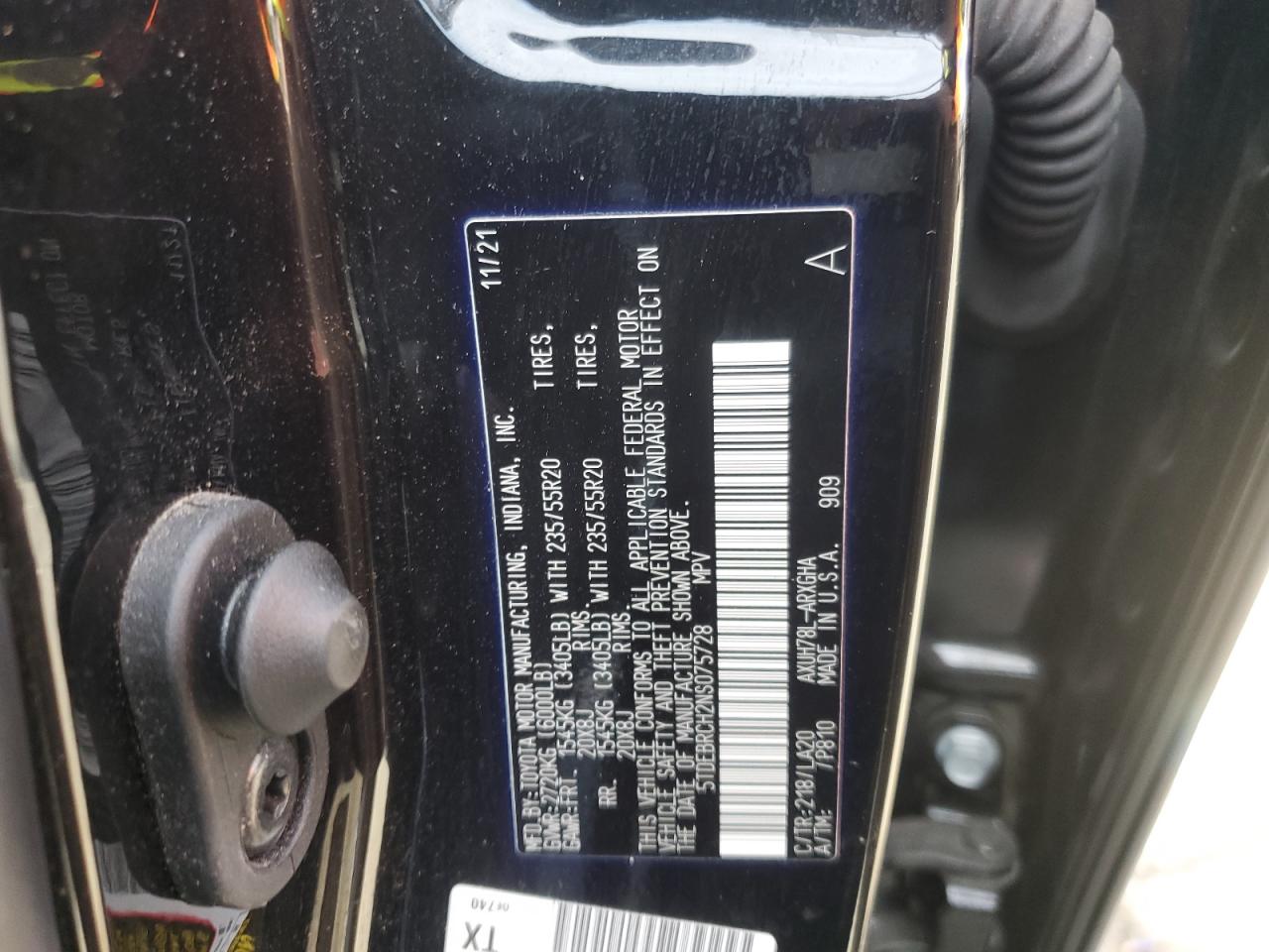 2022 TOYOTA HIGHLANDER HYBRID PLATINUM VIN:5TDEBRCH2NS075728