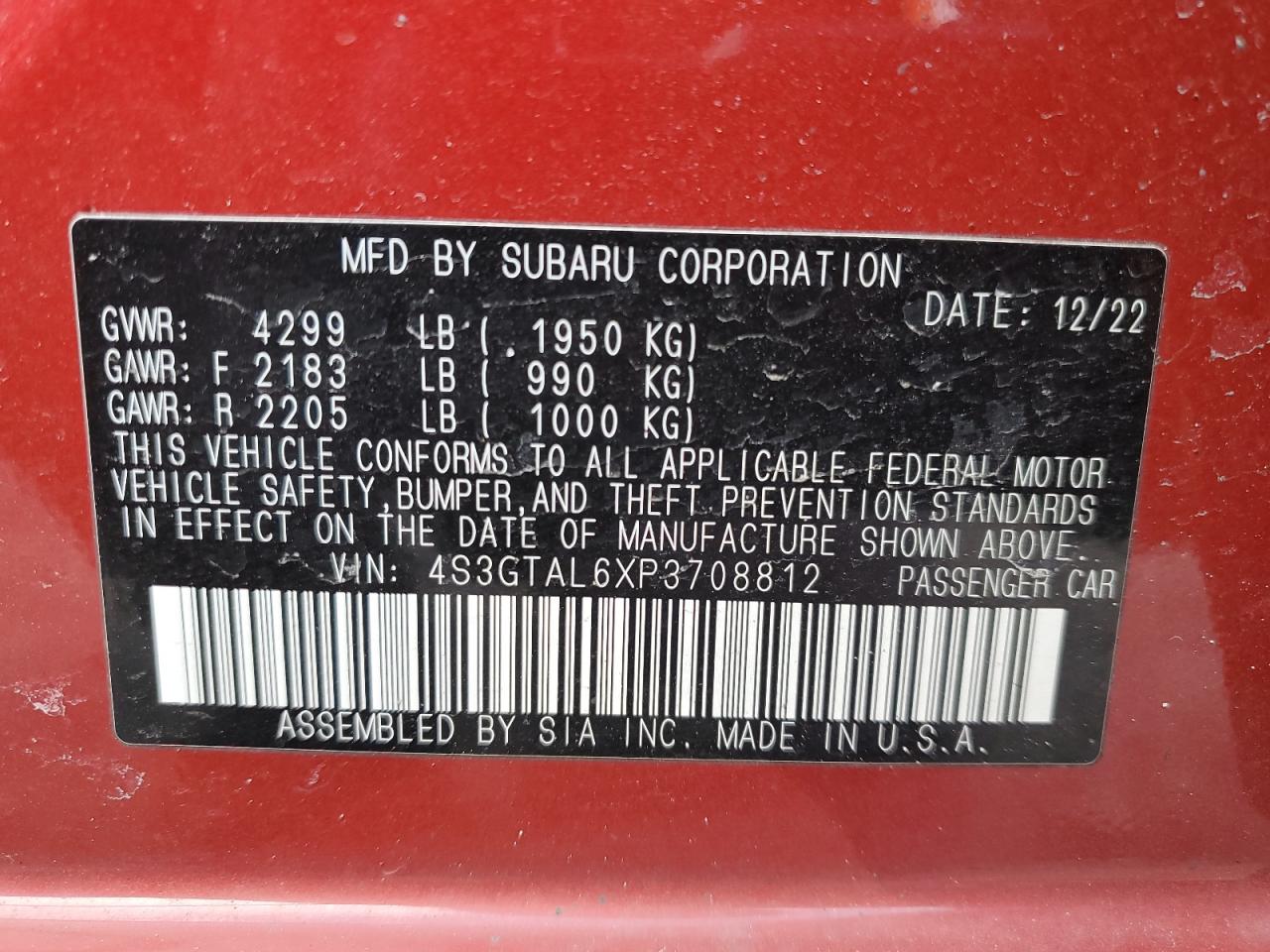 2023 SUBARU IMPREZA SPORT VIN:4S3GTAL6XP3708812