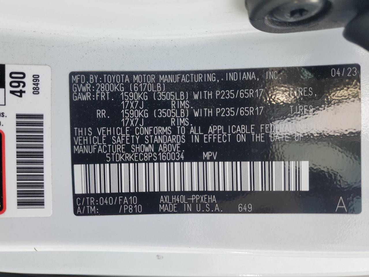 2023 TOYOTA SIENNA LE VIN:5TDKRKEC8PS160034
