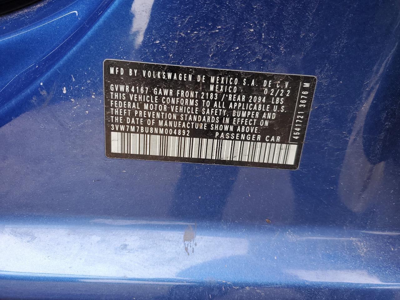 2022 VOLKSWAGEN JETTA SE VIN:3VW7M7BU8NM004892