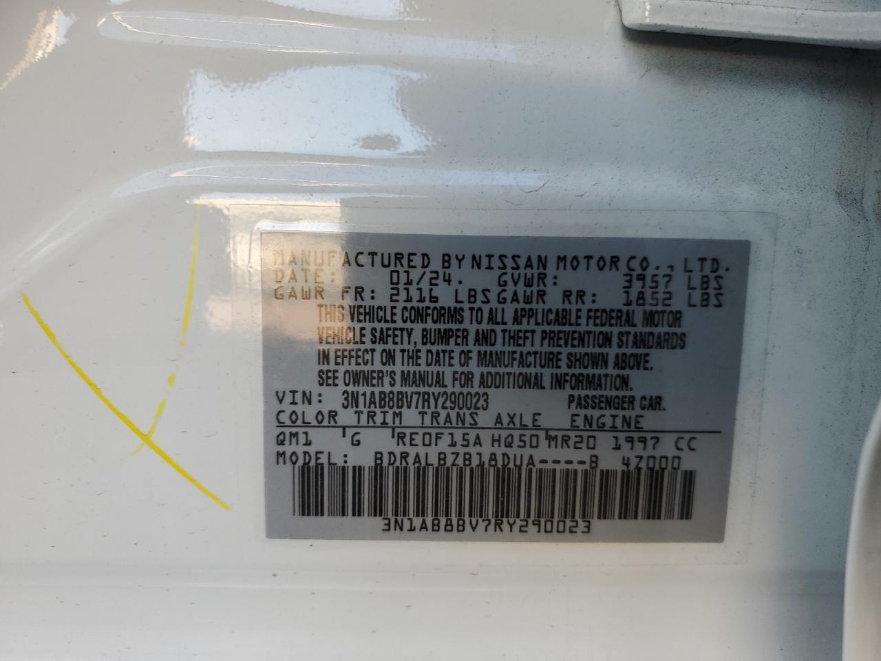 2024 NISSAN SENTRA S VIN:3N1AB8BV7RY290023